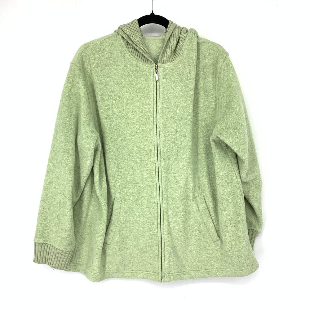 Unbranded Sweater Womens PL Green Full-Zip Hooded Fuzzy Welt Pockets Ribbed Trim